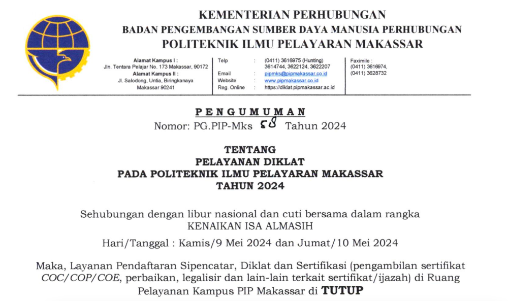 Pengumuman Pelayanan Kampus PIP Makassar Sehubungan dengan libur nasional dan cuti bersama