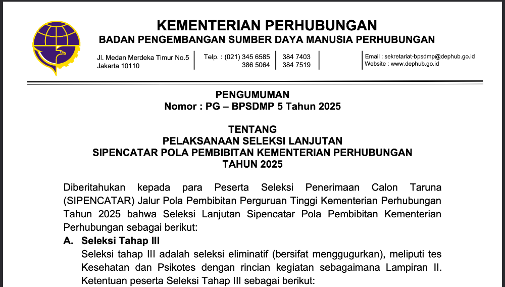 PENGUMUMAN PELAKSANAAN SELEKSI LANJUTAN SIPENCATAR POLA PEMBIBITAN KEMENTERIAN PERHUBUNGAN TAHUN 202