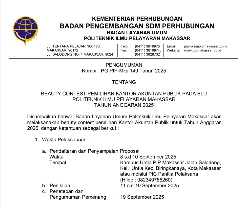PIP Makassar Gelar Beauty Contest Pemilihan Kantor Akuntan Publik Tahun Anggaran 2025